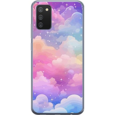 Kompatibelt Mobildeksel til Samsung Galaxy A02s Søt enhjørning med regnbuefarget hår mot en stjernebelagt pastellbakgrunn i kawaii-stil