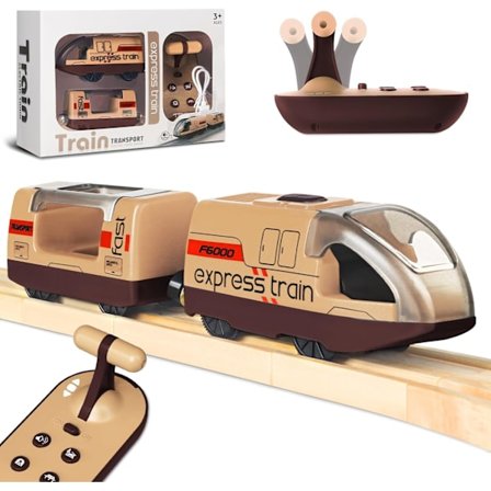 Sähköjuna lelu puisiin kiskoihin, moottoroitu junan kauko-ohjain 4 ääni- ja valoefektillä lapsille 3 4 5 6+ vuotta