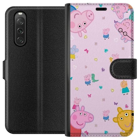 Kompatibelt Lommeboketui til Sony Xperia 10 V Peppa Gris med en baby i armene, mamma gris motiv i fargerik og myk barneillustrasjon med hjerter