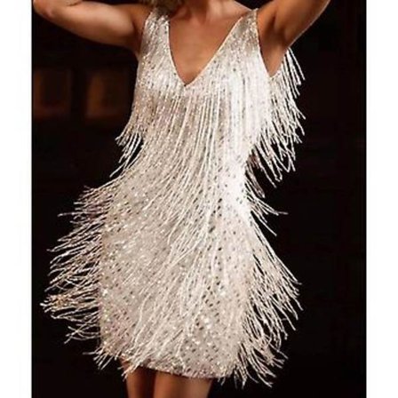 Cocktailkjole til kvinder med dyb V-udskæring, frynser overalt, spaghettistropper, cocktail-aftenminikjole (S Hvid)