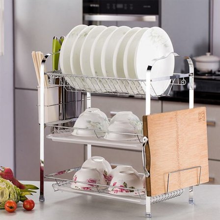 E Oppvaskstativ, E3-lags rustfritt stål oppvaskstativ med knivholder, redskapsholder og skjærebrettholder, 2 paneler