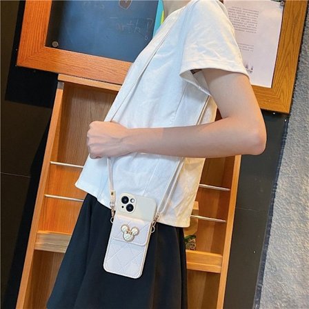 Fodral för iPhone 14pro [benvit] diamantformad Mickey Mouse-huvud korthållare crossbody ins plånbok mjuk w