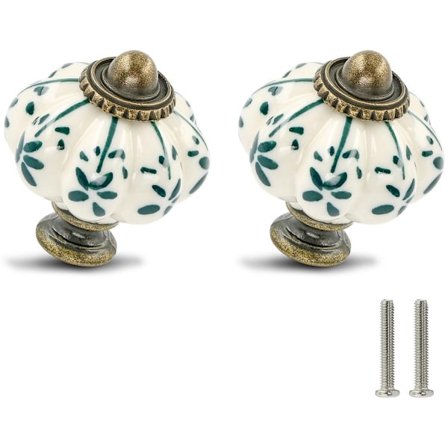 Elfenben og grønne græskarknopper 2-pak Porcelænskabinet Knapper Vintage Skuffetræk, Antikke Skuffetræk med skruer, Grøn blomst
