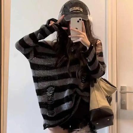 Deeptown Gothic Streetwear Strikket Stribet Trøje Kvinder Harajuku Punk Hullet Ud Hoppet Huller Løs Alle Matcher Top Grunge E-Girl Gray S
