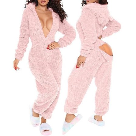 Kvinders sexet dyb V-hals bodycon jumpsuit pyjamas langærmet romper natklubtøj Pink