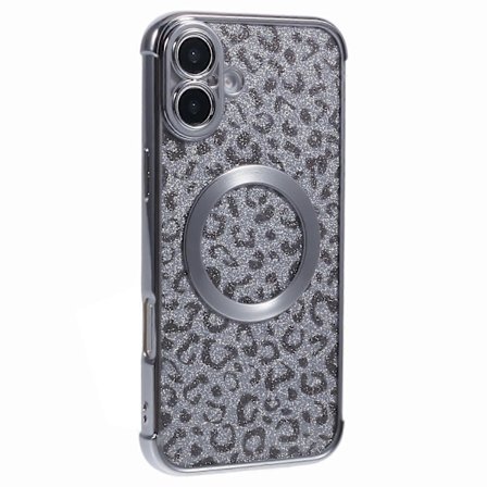Skal för iPhone 16 Plus Kompatibelt med MagSafe Glittrigt Leopardtryck Transparent TPU-telefonskal