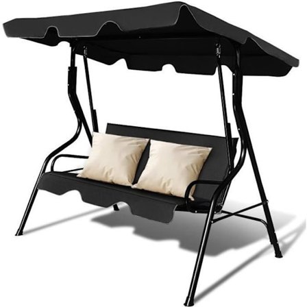 COSTWAY Trädgårdsgunga på piedestal 3 personer med justerbart vattentätt tak för trädgårdsterrass Max belastning 210KG-svart