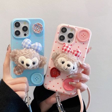 Etui til iPhone 14PROMAX Rosa og røde prikker + plysj ShellieMay-knapper skinnmønster plysj Duffy-bjørn myk