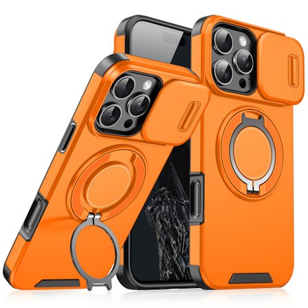 Magnetisk Ring Stativ Cover til iPhone 15 Pro Max med Skydeobjektivdæksel, Orange