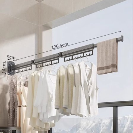 Seinään asennettava teleskooppinen pyykkiteline ruostumattomasta teräksestä – kokoontaitettava kuivausteline parvekkeelle ja makuuhuoneeseen