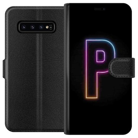 Kompatibel Tegnebogsetui til Samsung Samsung Galaxy S10 Minimalistisk neonbogstav P i farvegradient og lyseffekt mod sort baggrund i digital neonstil
