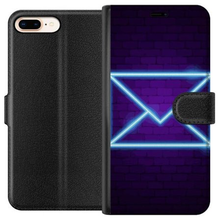 Kompatibelt Plånboksfodral till Apple Apple iPhone 8 Plus Neonillustration av kuvert i blått ljus mot lila tegelvägg, modern symbol för meddelande
