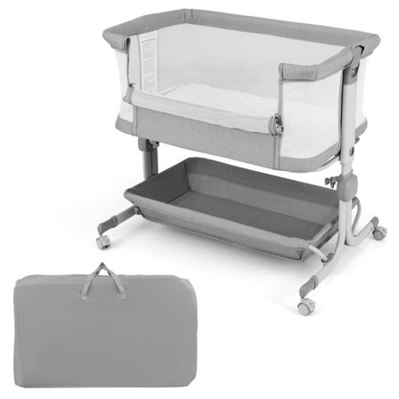 Lit Cododo Bébé Matelas 2,5 cm COSTWAY-Från födsel-9 kg-6 Höjder-4 Hjul-Portabel Fällbar-Förvaringshylla-Ljusgrå