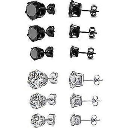 6 Par Titan och Rostfritt Stål Örhängen Set för Män och Kvinnor Svarta och Klara Runda Kubiska Zirkoner Inlagda Piercade Hypoallergena 3-5mm