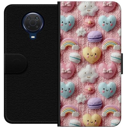 Yhteensopiva Lompakkokotelo Nokia G20 Pastellimotiiivi sydämillä, pilvillä, sateenkaarilla ja makaronseilla vaaleanpunaisella taustalla suloisessa une