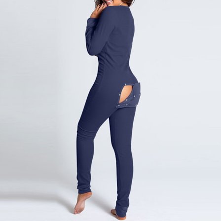 Lingerie Jumpsuit med baklomme for kvinner Onesie Pyjamas Ryggknappet Bodycon Nattøy Voksne Onesies Combinaison Pyjama Femme Marineblå