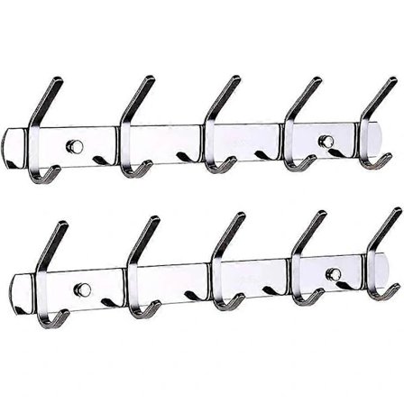 Vægmonteret knagerække, Sus 304 rustfrit stål vægmonteret knagerække, tøjknagerække, med 5 kroge (sølv, 2 stk)
