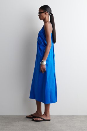 COS Women's Vestido Largo Fruncido Con Cuello De Pico in Azul