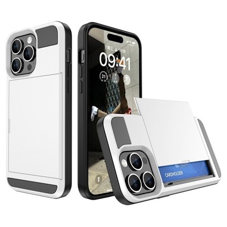 Etui til iPhone 13ProMax med skydbart kortrum, hvidt slot armor