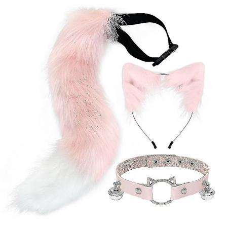 Fluffy Katteører Rævehale Ur Halskæde Sæt Halloween Party Tilbehør Lolita Simulation Pels Blød Hovedbeklædning Cosplay Rekvisitter Pink