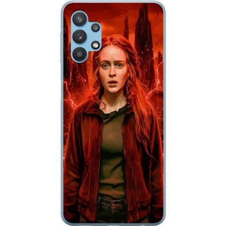 Kompatibelt Mobilskal till Samsung Galaxy A32 5G Porträtt av en ung kvinna med rött hår i en apokalyptisk landskap, röda blixtar och mörka klippf