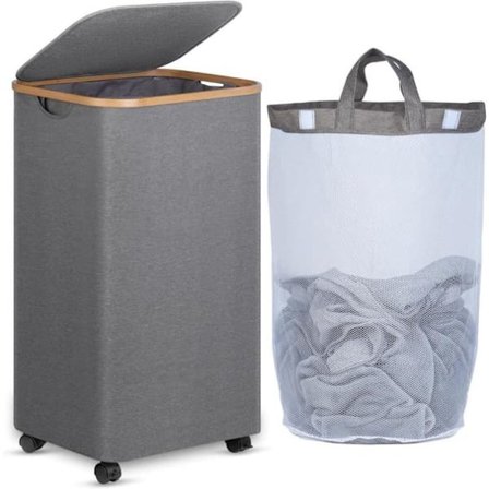Tvättkorg på hjul 100L – Smal tvättkorg med lock, bambuhandtag & avtagbar säck