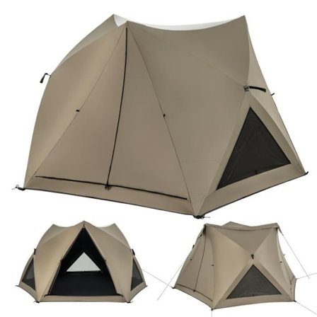 COSTWAY Pop-up campingtelt 4-6 personer - Ovenlys - Aftageligt fortelt - Vandtæt polyester - 3 døre, 3 rullevinduer