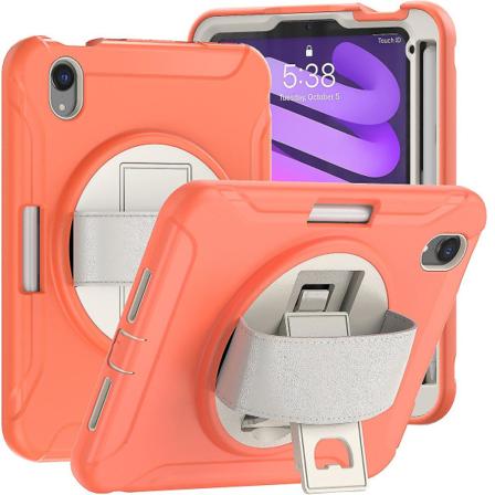 Nytt deksel for iPad Mini6 8,3 tommer med roterende stativ, pennholder (koralloransje)