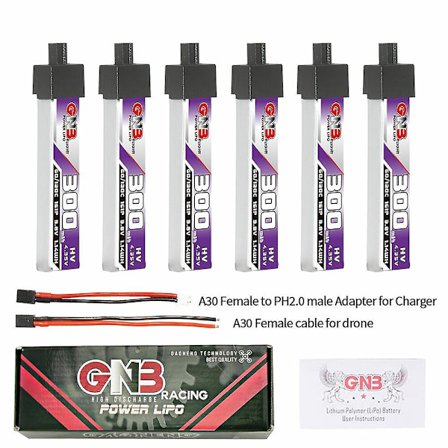 6 stk. Gaoneng 3.8V 300mAh 60C 1S LiHV Batteri A30 Plugg med Adapterkabel for Happymodel Mobula6
