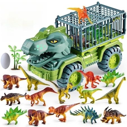 Dinosaur lastebil leker for barn 3-5 år, Tyrannosaurus transport lastebil med 15 dino figurer, tre, dinosaur egg, fangst Jurassic Dinosa