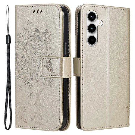 Samsung Galaxy A35 5G -puhelimen suojakotelo jalustalla, kissapuu-kuvioinen nahkalompakko