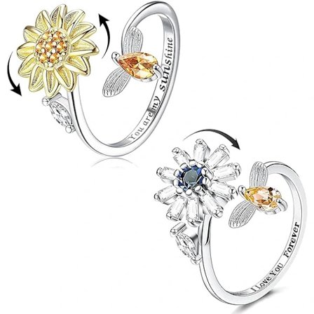 2 stk Sølv Angst Ringer for Kvinner Solsikke Fidget Ring Du er Mitt Solskinn Angst Ring Månestein Anti Stress Ring