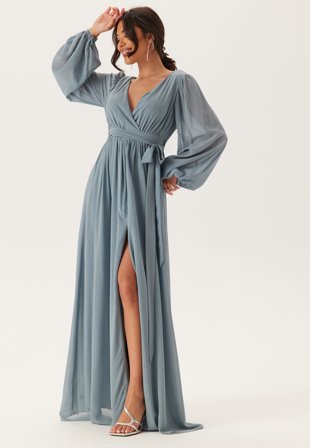 Goddiva - Long Sleeve Chiffon Dress - Air Force Blue S - Kläder - - Bubbleroom