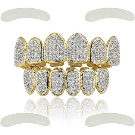 18k gullbelagt All Iced Out luksus Cubic Zirconia Face Diamond Gull Tenn Grillz Sett med ekstra støpestenger inkludert for menn kvinner (Fww)