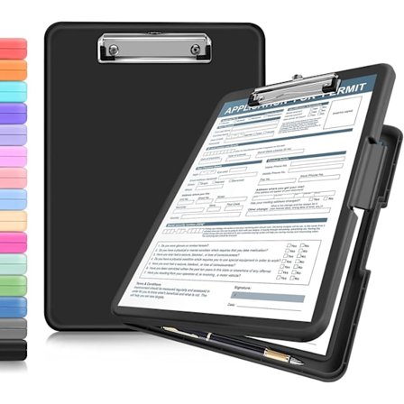 Skriveplade med opbevaringsfunktion, kraftig plejejournalclips (foldbar), plastikopbevaringsclipboard med penholder