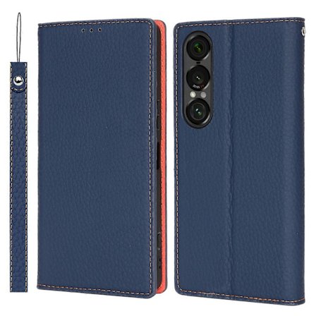 Til Sony Xperia 1 VII Wallet Type Telefon Cover Ægte Læder Ko Læder Telefon Beskyttende Cover Litchi Korn (Mørkeblå, Mørkeblå)