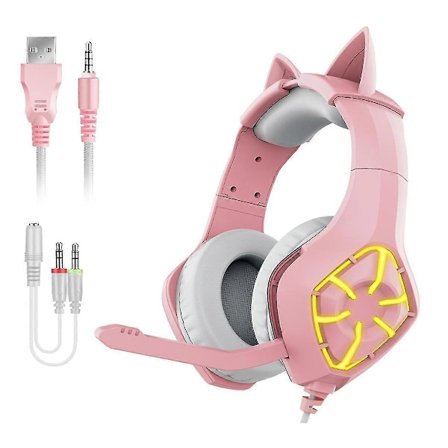 Gaming Headset, Over Ear Hörlurar, brusreducerande ultramjuka öronmuffar med mikrofon, RGB-ljus, basljud för PS5, PC, Xbox One Controller, rosa