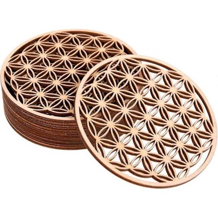 Koivuinen lasinalunen Elämän kukka -designilla - 10 kappaletta, koko 10x10 cm - Puupaneeli lasin alla. Täydellinen sisustus kotiisi, baariin (kukka)