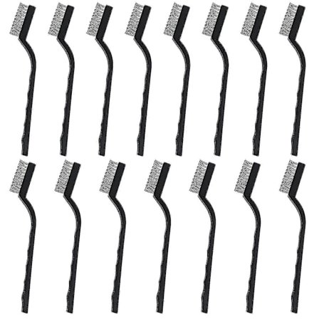 Mini stålborste (15-pack) - Repborst med böjt plasthandtag & hänghål - Borstar för rengöring av murverk, spis, diskho