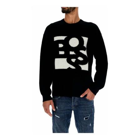 Hugo Boss, Maglia girocollo in lana con logo jacquard scomposto a contrasto uomo Boss 50477350 Nero Czarny, Mężczyzna, Rozmiar: S