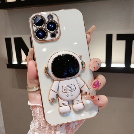 6D Elektroplettert Astronaut Skjult Stativ Etui for iPhone Kvinner Astronaut Folding Stativ iPhone Etui med Kamera Beskytter Myk TPU Støtsikker Bumper