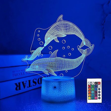 SBSG Delfiini Yövalo Lampeez 3D Optinen Illuusio Lamppu 16 Värillä Kaukosäätimellä Vaihtuva Syntymäpäivälahjaidea Lapsille Pojille ja Tytöille
