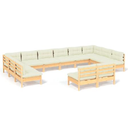 Vidaxl Loungegrupp Med Gräddvita Dynor 12 Delar Massiv Furu Creme