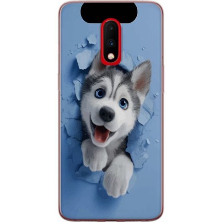 Yhteensopiva Läpinäkyvä kuori OnePlus 7 Söpö husky pentu, jolla on suuret siniset silmät, jotka kurkistavat rikkinäisen seinän läpi pehmeäss