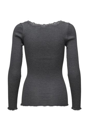 Silk T-Shirt W/ Lace T-shirts & Tops Long-sleeved Grå Rosemunde