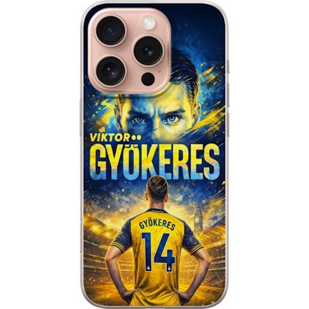 Yhteensopiva Puhelinkuori Apple Apple iPhone 16 Pro Viktor Gyökeres jalkapallojuliste keltaisella ja sinisellä värimaailmalla, dramaattinen stadion