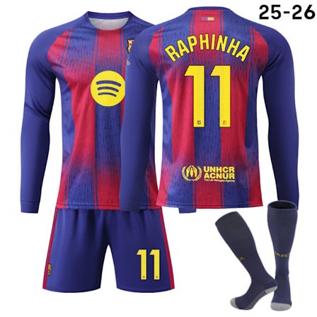 25-26 FC Barcelona Hjemme Langermet NO.11 RAPHINHA Drakter Sett Barn Voksen Fotballutstyr med Sokker