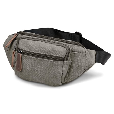 Sac banane en toile gris métallique et cuir marron pour hommes - Sacs banane