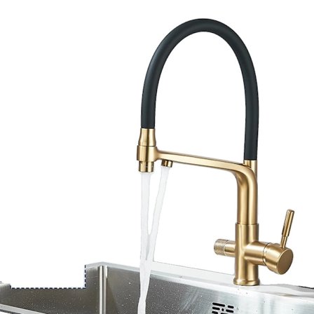 Filter Kökskran, Flexibel Utdragbar Pip, Dubbelhandtag i Mässingsdesign,Borstad guld