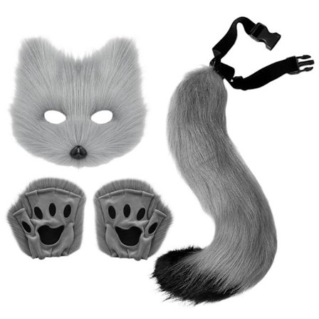 Komplet Pelsdyrkostume Sæt Inkluderer Ører Hale Maske Håndovertræk, til Temafest Halloween Cosplay, Grå Sort